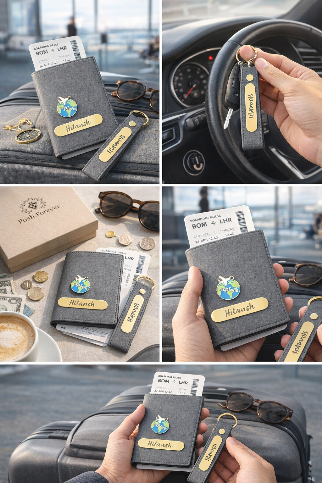 Personalised Passport Cover & Keychain Combo (Grey)