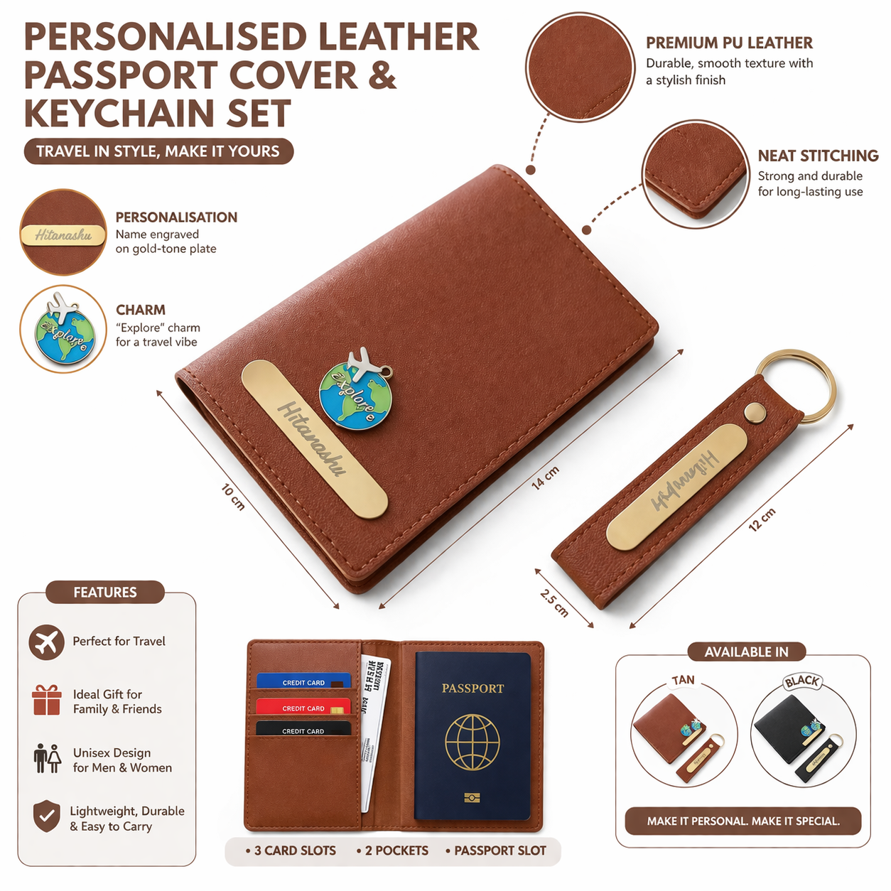 Personalised Passport Cover & Keychain Combo (Tan)