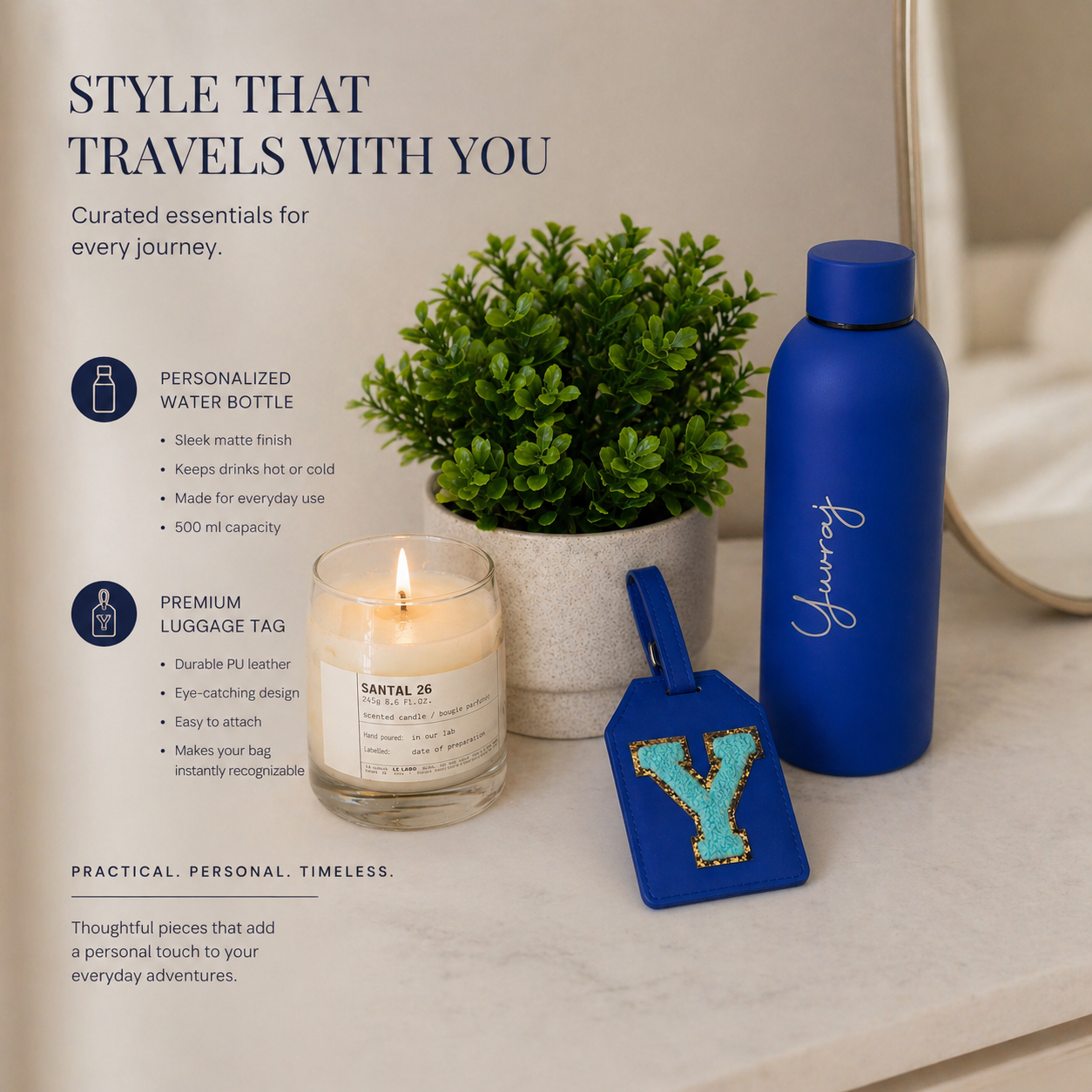 Matte bottle and luggage tag combo
