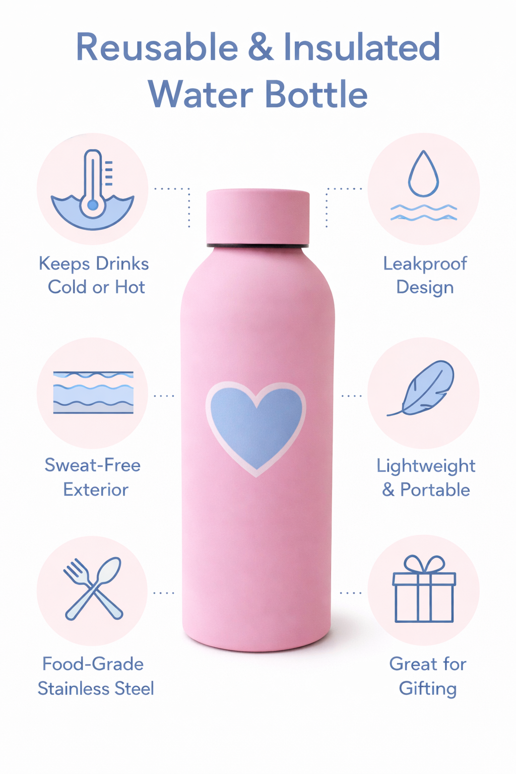 Stainless steel Hot & Cold 500ML bottle | Customised Bottle | Good for Gifting | (Pink)