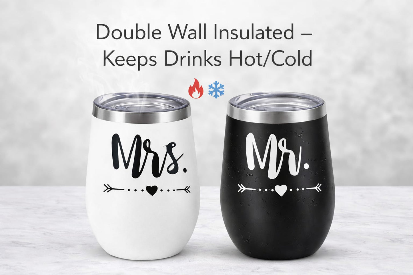 Mr & Mrs Coffee & Tea Mugs Stainless Steel with Lid (Set of 2)