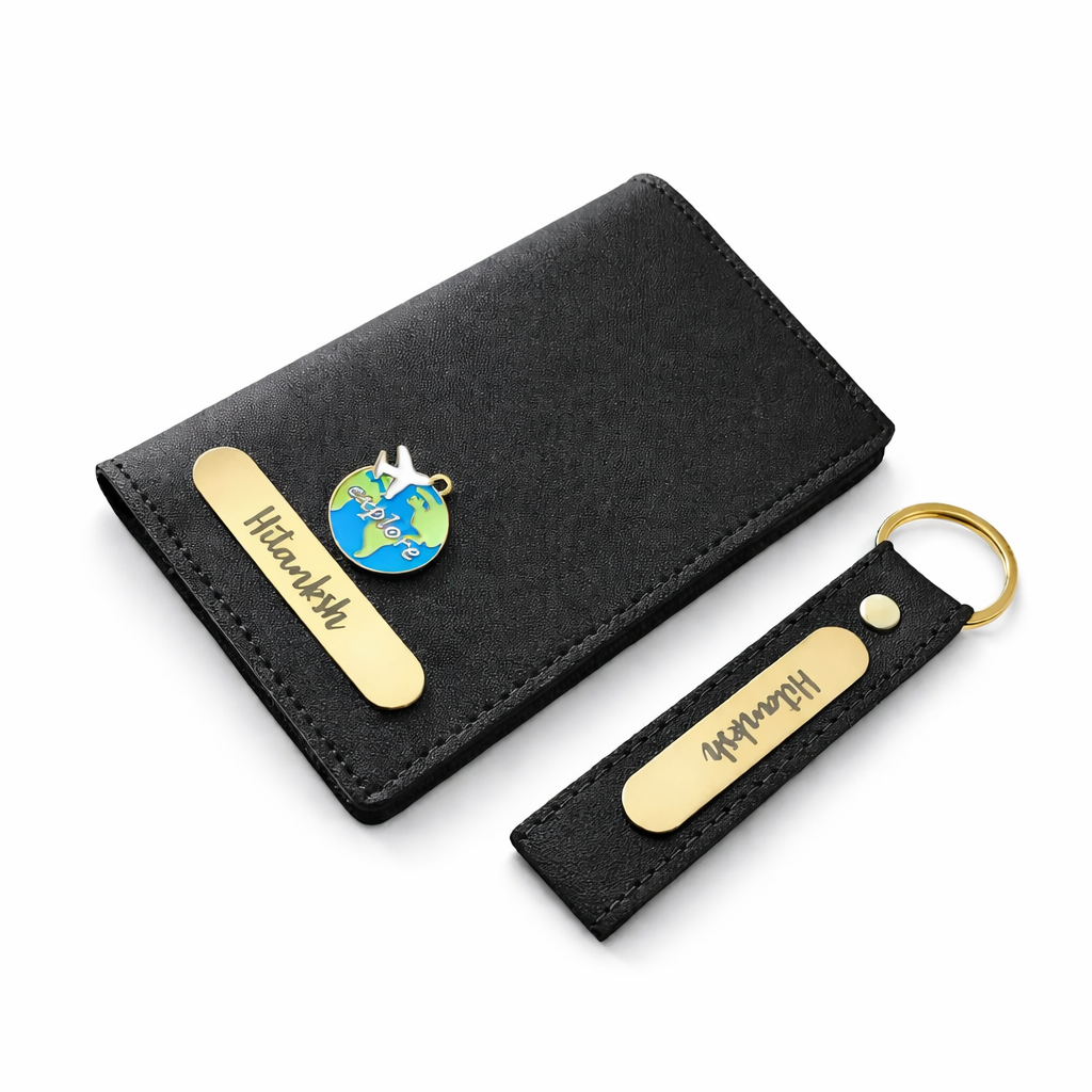 Personalised Passport Cover & Keychain Combo (Black)