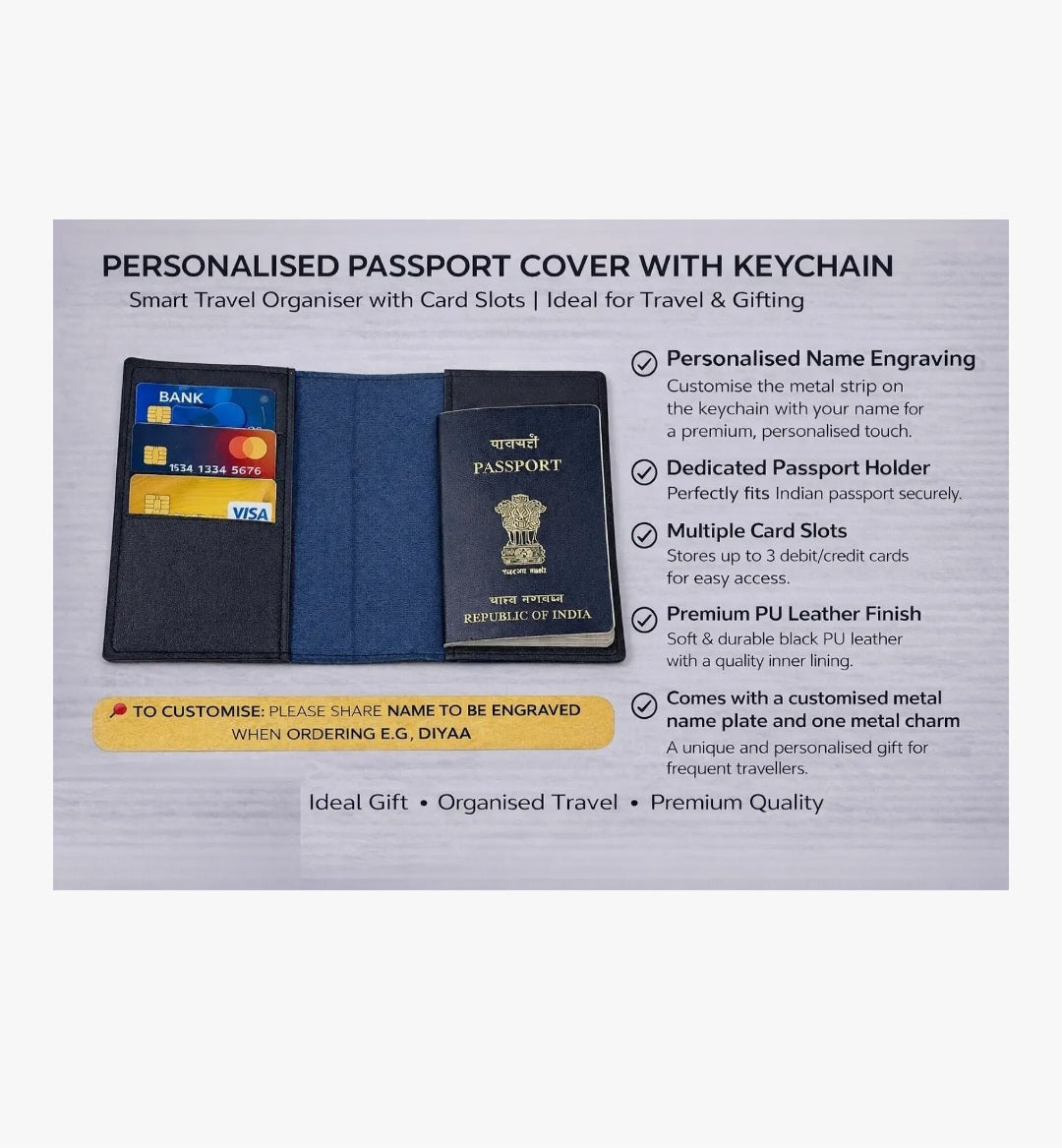 Personalised Passport Cover & Keychain Combo (Black)
