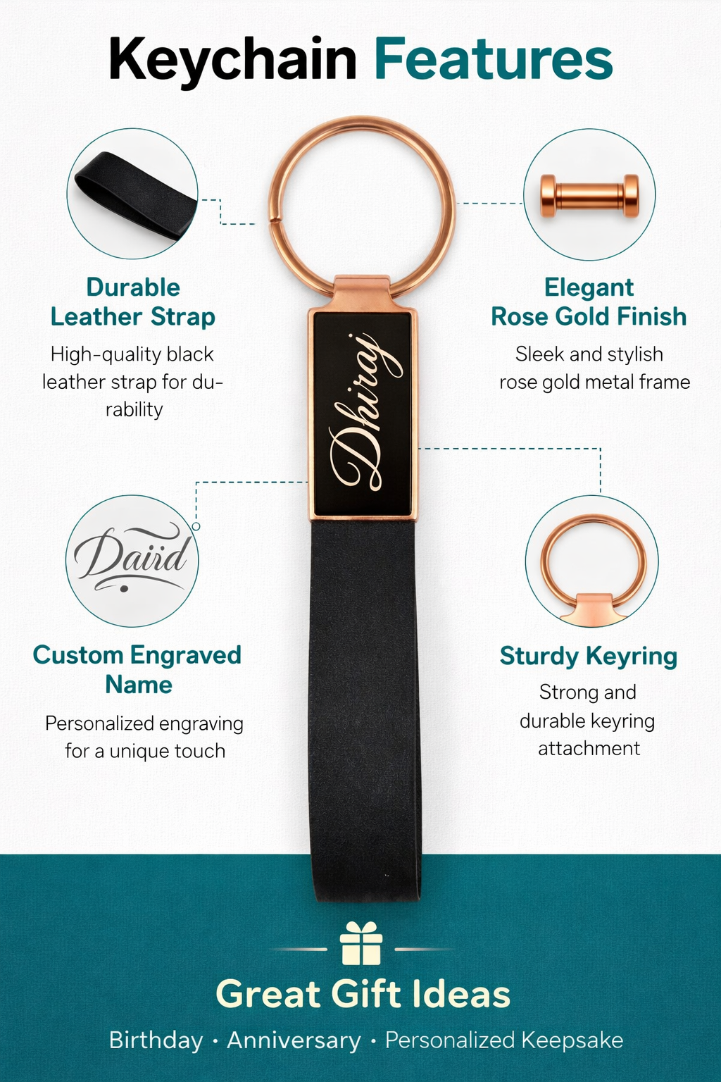 Personalised Metal leather keychain (Rose gold)