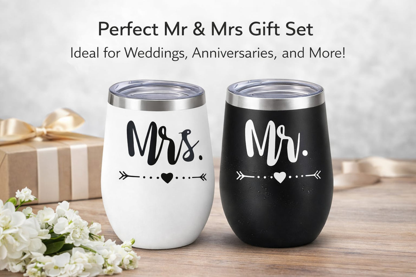 Mr & Mrs Coffee & Tea Mugs Stainless Steel with Lid (Set of 2)