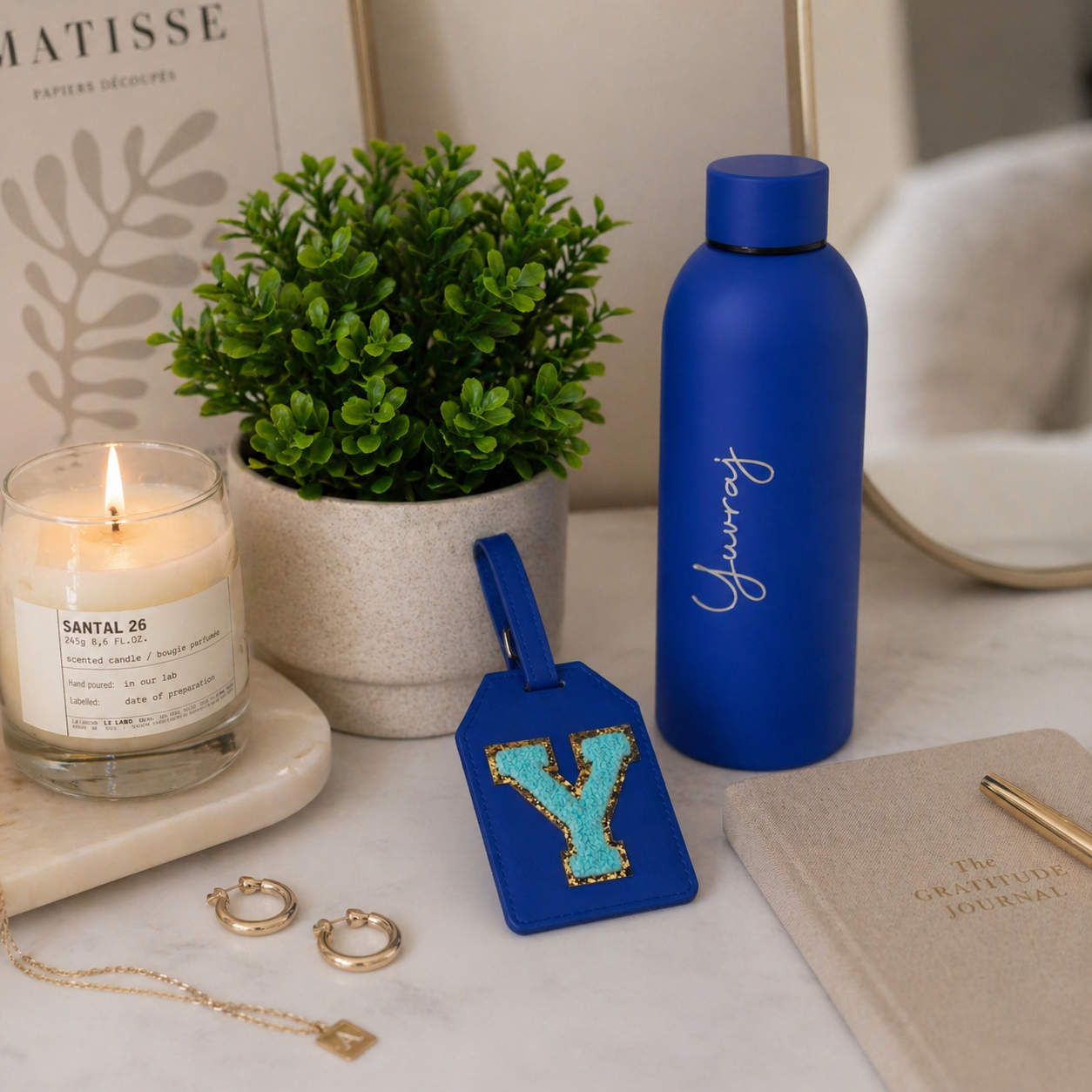 Matte bottle and luggage tag combo